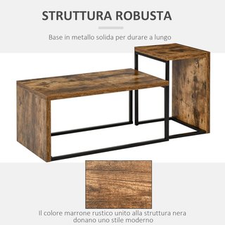 Set di 2 Tavolini da Caffè Impilabili e Salvaspazio in Stile Industriale, Legno MDF e Metallo, Marrone e Nero