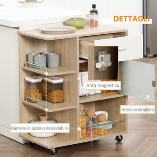 Carro De Cocina Moderno Con Cajón, Estantes Y Armario, Isla Para Cocina Portacomidas En Madera, Acero Y Vidrio, 65X39X80Cm