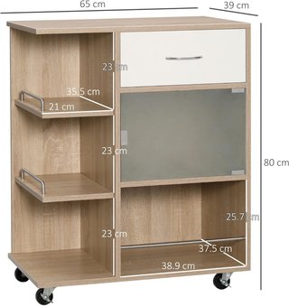 Carro De Cocina Moderno Con Cajón, Estantes Y Armario, Isla Para Cocina Portacomidas En Madera, Acero Y Vidrio, 65X39X80Cm