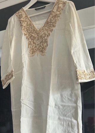 Kaftán Zara Blanco Bordado Dorado