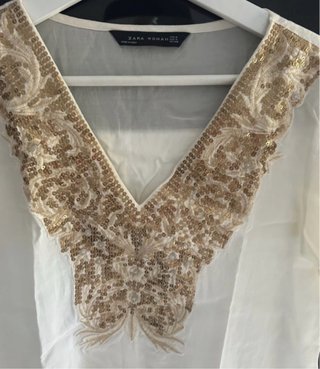 Kaftán Zara Blanco Bordado Dorado