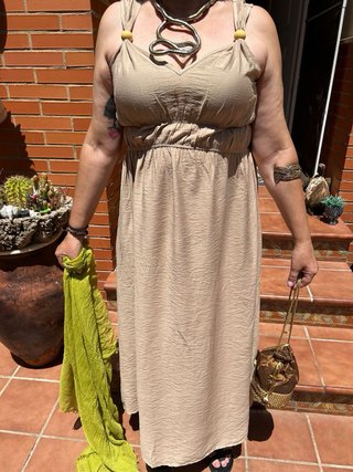 Vestido Émerita Lúdica Beige y Verde y pañuelo