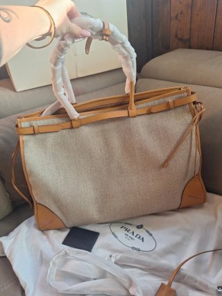 Maxi shopper Prada lino e pelle