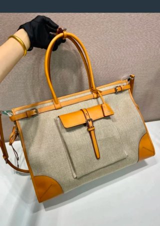 Maxi shopper Prada lino e pelle