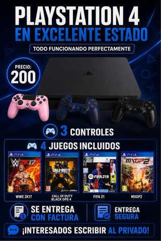 PS4 (PlayStation 4) + 3 Controles + 4 Juegos