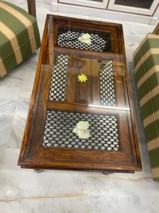 Mesa centro madera y cristal rústica como nueva