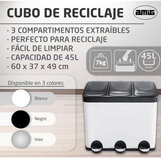 Cubo de basura triple Amig 45L acero blanco