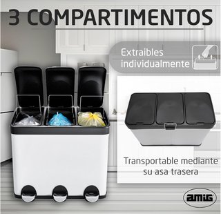 Cubo de basura triple Amig 45L acero blanco