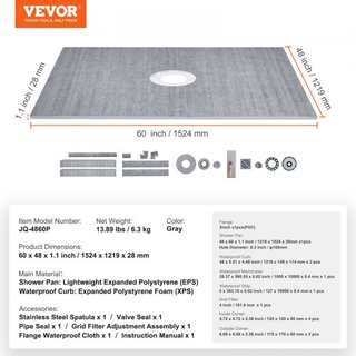 Kit doccia, base doccia 1219x1524mm con flangia centrale in PVC da 50,8mm, membrana impermeabile, griglia in acciaio inossidabile e sigillante per giunzioni, pali di sostegno per base doccia