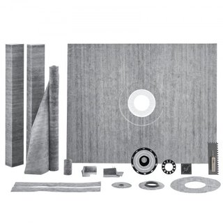 Kit doccia, base doccia 1219x1524mm con flangia centrale in PVC da 50,8mm, membrana impermeabile, griglia in acciaio inossidabile e sigillante per giunzioni, pali di sostegno per base doccia