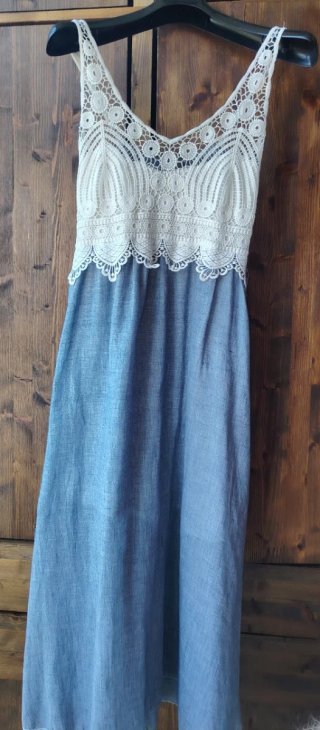Abito lungo denim con pizzo bianco