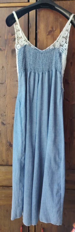 Abito lungo denim con pizzo bianco