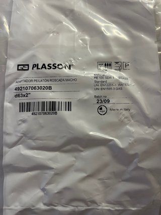 Adaptador Plasson PE/Latón Rosca Macho d63x2