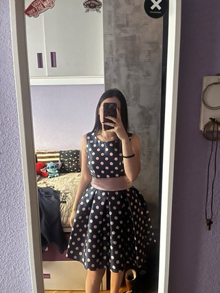 Vestido azul marino lunares rosas