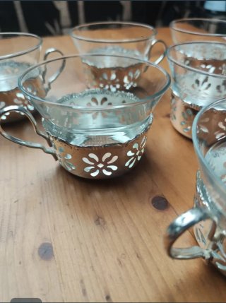6 Tazas de Café de Vidrio con Soporte Metálico