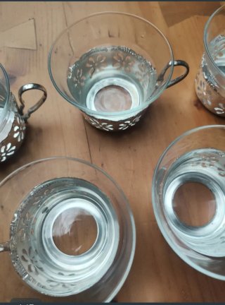 6 Tazas de Café de Vidrio con Soporte Metálico