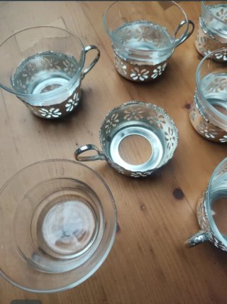 6 Tazas de Café de Vidrio con Soporte Metálico