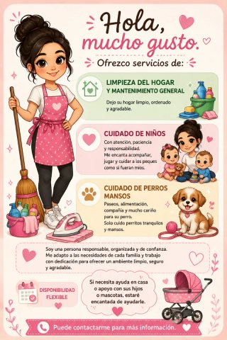 Servicios limpieza, niñera, perros.