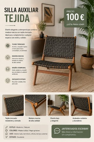 Silla Auxiliar Tejida Madera Maciza
