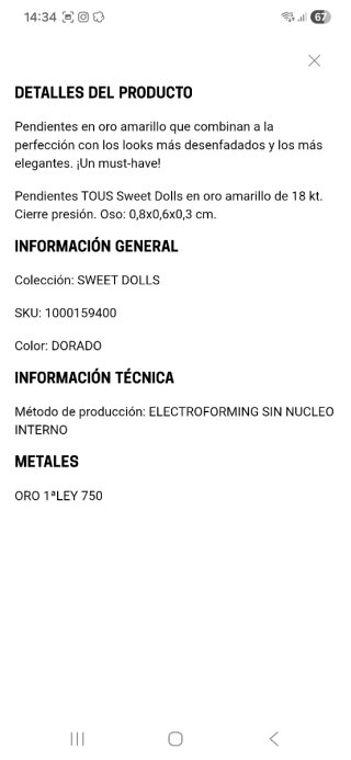 Conjunto Ositos Tous Oro