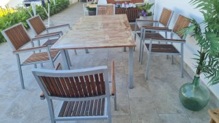 Mesa de jardín extensible (1,50/1,95m) y 6 sillas