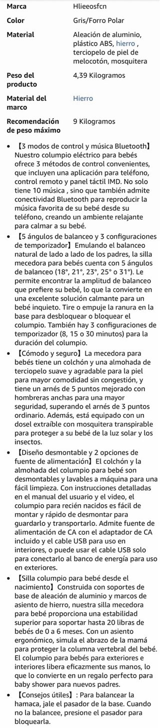 Hamaca bebe electrica con mando y Bluetooth