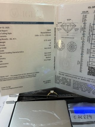 Anillo Oro 18k Diamante Natural 0.75 Ct, D/SI2
