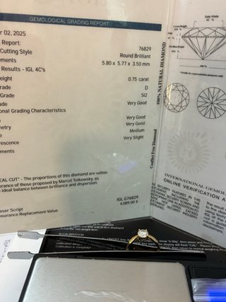 Anillo Oro 18k Diamante Natural 0.75 Ct, D/SI2