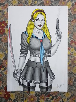 Dipinto quadro disegno donna con spada e pistola
