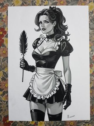 Dipinto quadro disegno donna con piumino