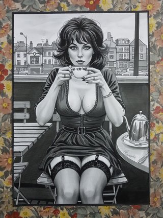 Dipinto quadro disegno donna con tazza