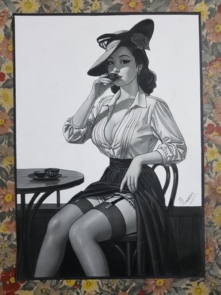 Dipinto quadro disegno donna con cappello