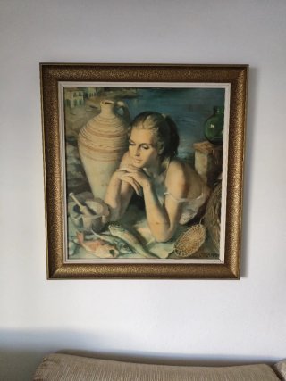 Cuadro Mujer con Peces Marco Dorado