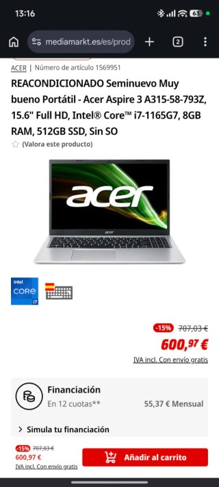 Portátil Acer Aspire A315-58 Plata