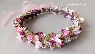 Corona Comunión Flores Preservadas Rosa y Morado