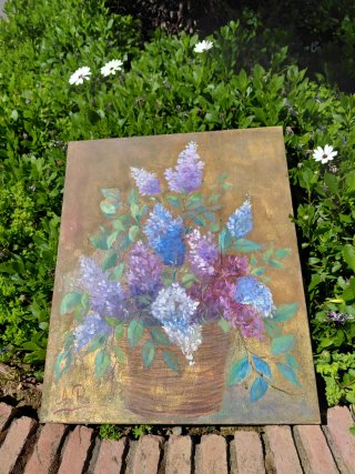 Cuadro al óleo de flores en cesta 38 X 46