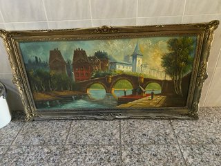 Cuadro antiguo paisaje río y puente