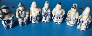 7 Figuras Budas Porcelana Azul y Blanco