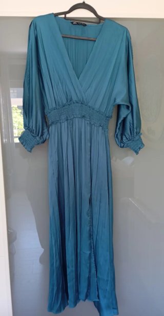 Vestido Zara Midi Raso Azul Pato