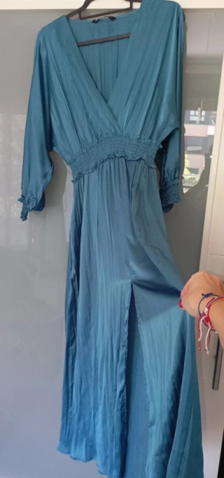 Vestido Zara Midi Raso Azul Pato