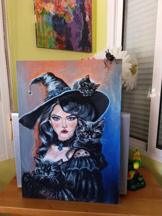 Cuadro acrílico bruja y gatos 50x70