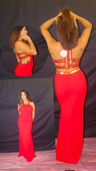 Vestido largo rojo con detalles dorados