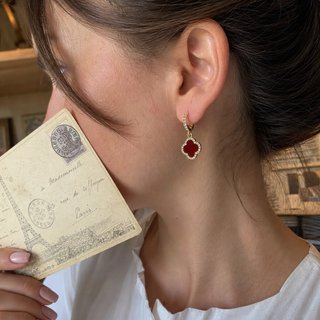 Pendientes Aro Trébol Rojo Circonitas Vintage