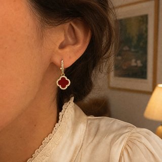 Pendientes Aro Trébol Rojo Circonitas Vintage
