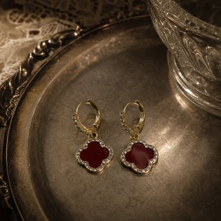 Pendientes Aro Trébol Rojo Circonitas Vintage