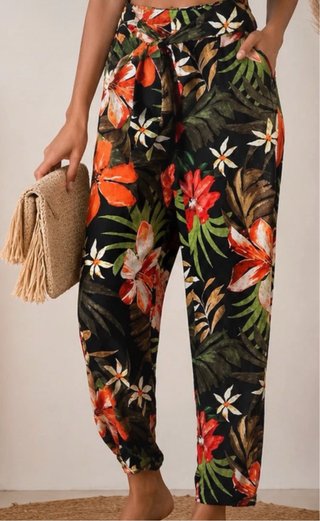 Pantaloni floreali neri e multicolor