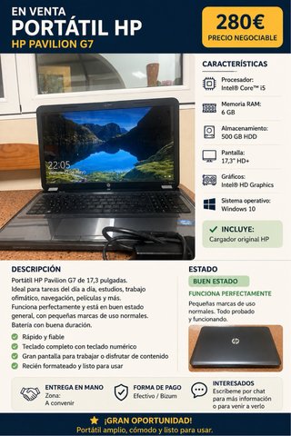 Portátil HP Pavilion G7 17 6GB RAM 500GB HDD