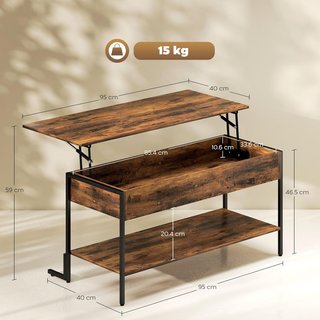 Tavolo da Caffè Regolabile con Scomparto Nascosto e Ripiano Inferiore, Tavolo da Salotto in Stile Industriale in Legno e Metallo, Marrone Rustico