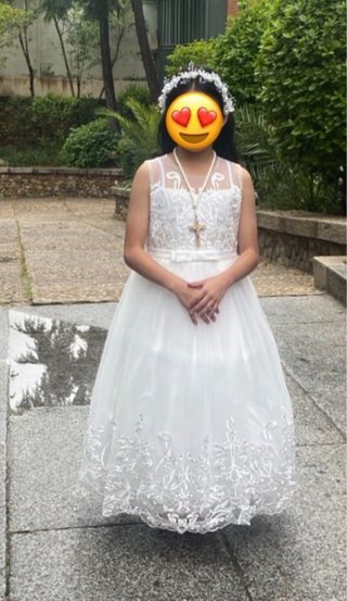 Vestido de Primera Comunión blanco encaje+diadema