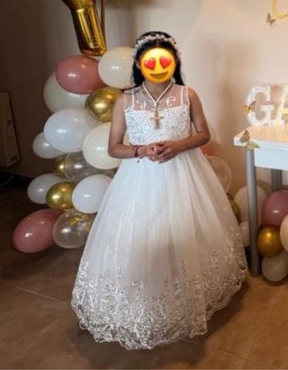Vestido de Primera Comunión blanco encaje+diadema